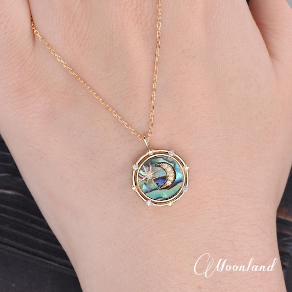 Dainty Natural Abalone Shell Necklace Moissanite North Star Moon