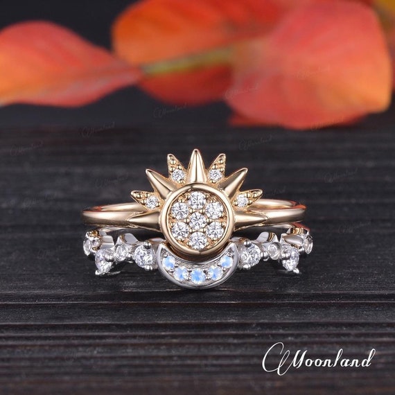 Sun and Moon Couple Rings Set Unique His and Hers Rings Moonstone