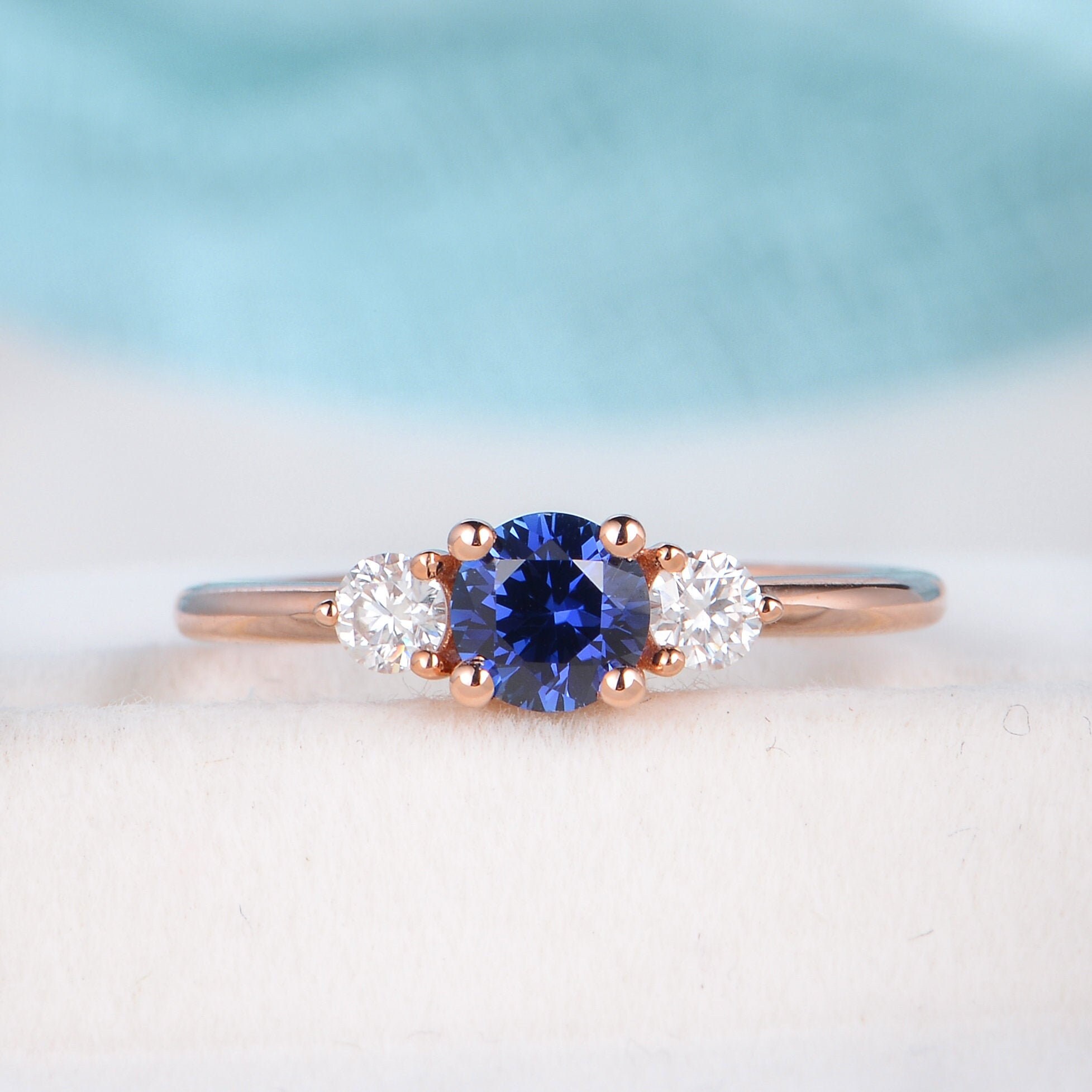 Baguette Cut Sapphire Wedding Ring in 14k or 18k Rose Gold Sapphire Engagement Ring Natural Gemstone Ring Blue Stone,September Birthstone