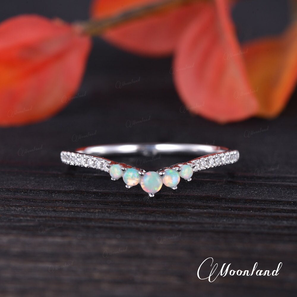 Natural Opal Wedding Band Woman White Gold Curved Diamond Wedding Bands Half Eternity October Birthstone Chevron Unique Matching Band Gift