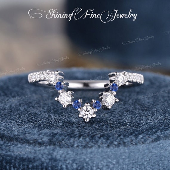 Natural Sapphire Wedding Band White Gold Diamond Ring Curved