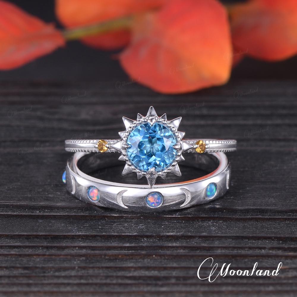 Conjunto de anillo de compromiso con topacio azul suizo Sol y Luna, conjunto único de anillo de boda con citrino Sunburst, anillos de ópalo azul para él y para ella, promesa de aniversario