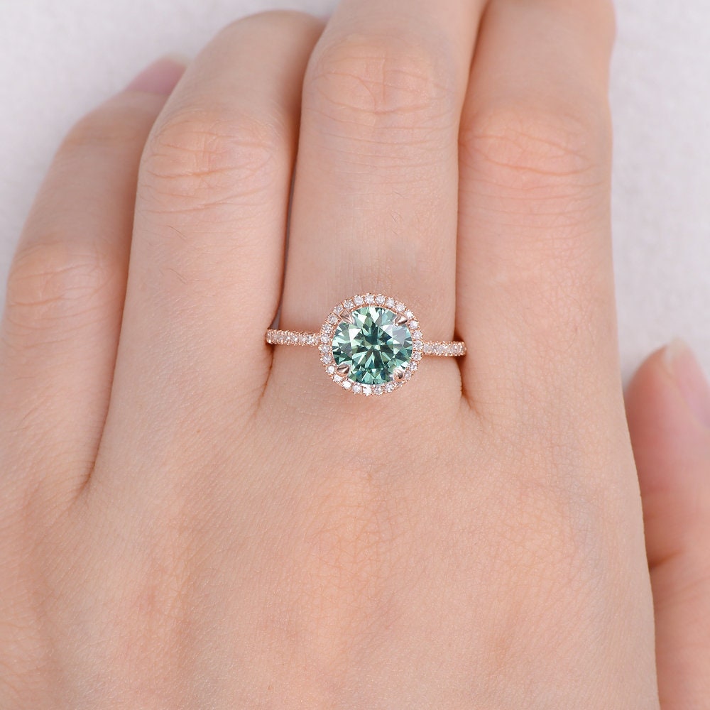 2CT Green Moissanite Engagement Ring Rose Gold Halo Diamond | Etsy