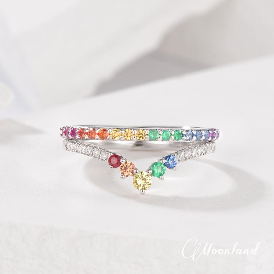 Unique Rainbow Sapphire Wedding Band Women Antique Natural Sapphire ...