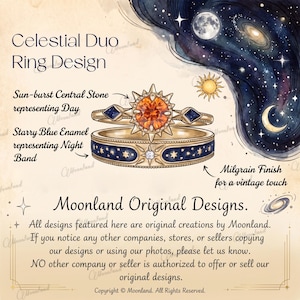 6 mm Sun Star Couple Ring Set Geelgoud Vintage Oranje Saffier Moissaniet Blauw Zandsteen Sierlijk Emaille Celestial Sieraden Verjaardagscadeau afbeelding 2