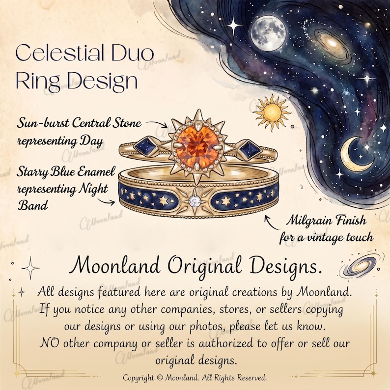 6 mm Sun Star Couple Ring Set Geelgoud Vintage Oranje Saffier Moissaniet Blauw Zandsteen Sierlijk Emaille Celestial Sieraden Verjaardagscadeau afbeelding 2
