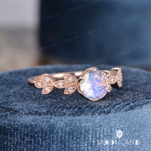 Vine Leaf Moonstone Engagement Ring Rose Gold Art Deco Moonstone Ring 6.5mm Round Cut Rainbow Moonstone Half Eternity Diamond Band Unique image 3