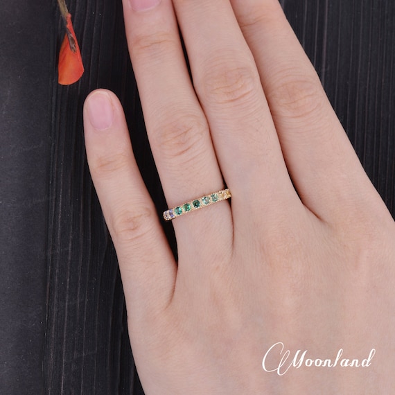 Rainbow Sapphire Ring Yellow Gold 3mm Wedding Band Gradient Ring September Birthstone Full Eternity Stacking Rings Stackable Blue Pink Green