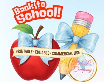 Back to School Clipart: Apple & Pencil with Bows PNG (Commercial Use, Instant Download)