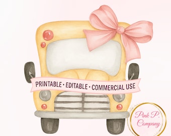 Back to School PNG: Watercolor School Bus, Pink Bow - Teacher Shirt Design