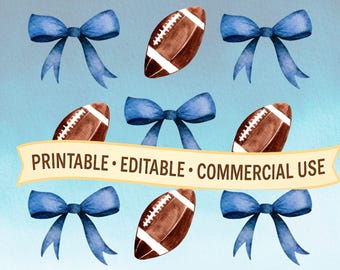 Coquette Football Clipart: Watercolor Blue Bows PNG (Digital Download
