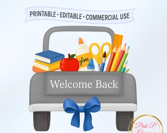Watercolor Back to School Clipart: Vintage Truck, School Supplies (Digital Download PNG)