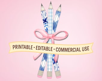 Blue & White Porcelain Pencils Clipart: Pink Bow, Chinoiserie PNG (Digital Download)
