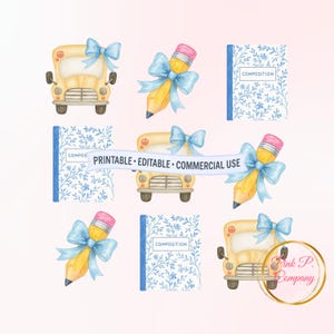 Puede incluir: Ilustraciones en acuarela de elementos escolares. Incluye autobuses escolares amarillos, lápices con gomas de borrar rosas y cuadernos de composición con diseños florales azules. También está presente el texto "PRINTABLE • EDITABLE • COMMERCIAL USE".