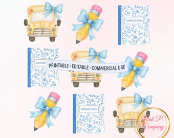Watercolor School Clipart: Bus, Pencil, Notebook PNG (Digital Download