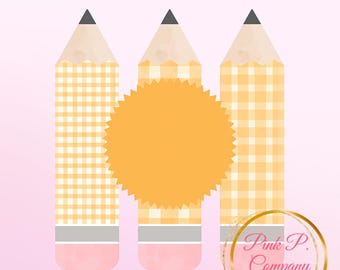 Watercolor Pink Pencil Trio Monogram Frame PNG: Back to School Clip Art (Digital Download)