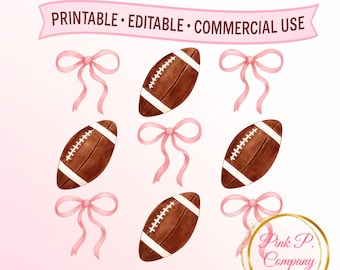Coquette Football Clipart: Pink Bows, Watercolor Sport Illustration (Digital Download PNG File)
