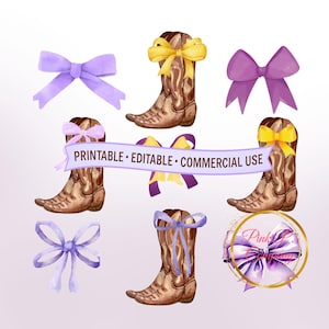 Coquette Chic Purple & Gold Boots and Bows PNG: Trendy Sublimation Digital Download, Preppy Clipart