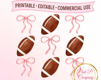 Pink Football Watercolor Clipart: Bows, Trendy Design (PNG Digital Download)