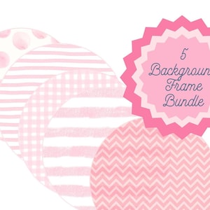 Puede incluir: Cinco marcos de fondo rosa y blanco con diferentes patrones: lunares, rayas, cuadros, rayas y chevron. El texto "5 Background Frame Bundle" está en una estrella rosa.