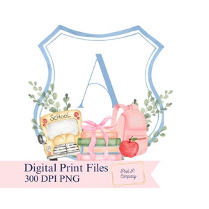 Bearbeitbares Back-to-School Aquarell Wappen, Lehrer Monogramm Geschenk, sofortiger Download, druckbar