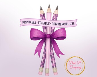 Purple Bow Pencils Clipart: Back to School Stationery (Digital Download)