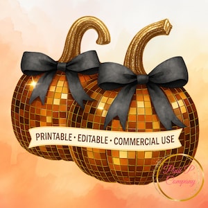Halloween Chic: Disco Pumpkin Clipart with Fall Bow Accent - Instant Digital Download