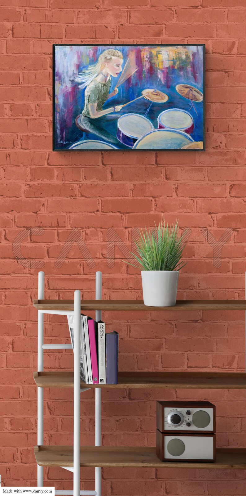 Original Oil Painting The Drummer Home Decor, Wall Art Girl Musician Portrait