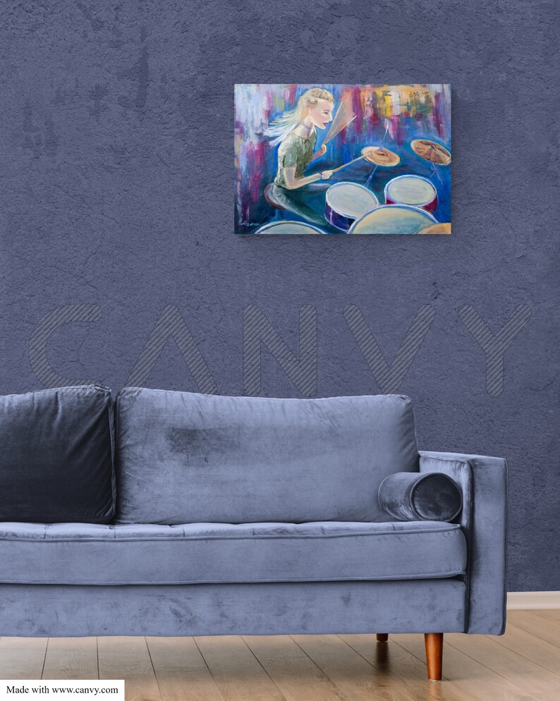 Original Oil Painting The Drummer Home Decor, Wall Art Girl Musician Portrait