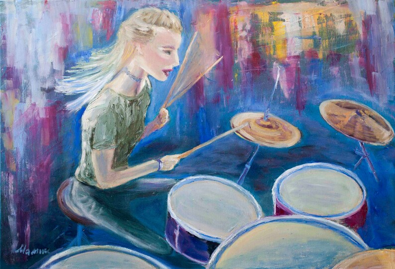 Original Oil Painting The Drummer Home Decor, Wall Art Girl Musician Portrait