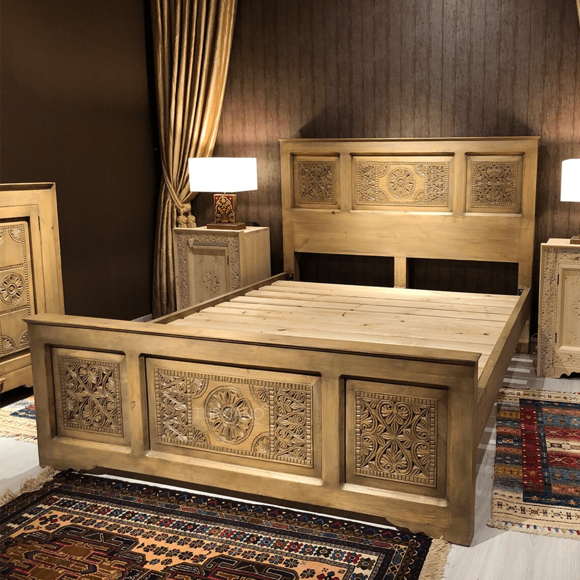 Antique style wood carved bed frame medieval style royal bed Etsy