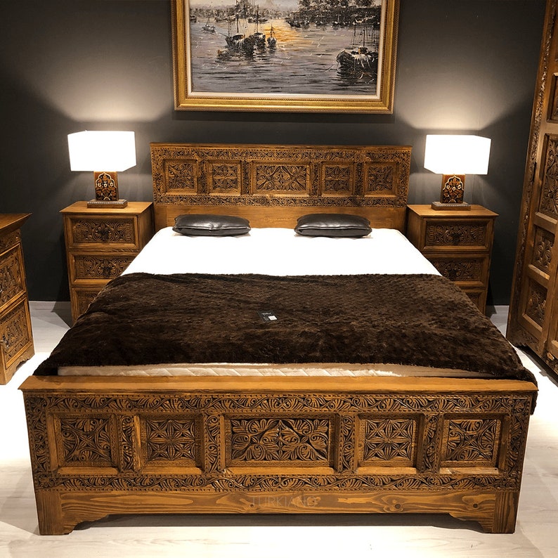 Wooden hand carved bed rustic chestnut wood antique design Etsy