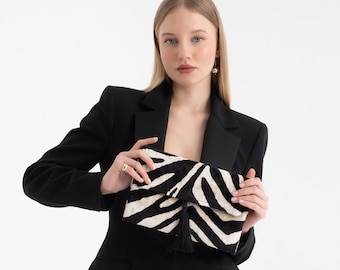 Chic Black Zebra Pattern Silk Velvet Bag | Handmade Ikat Clutch | Elegant Boho Design