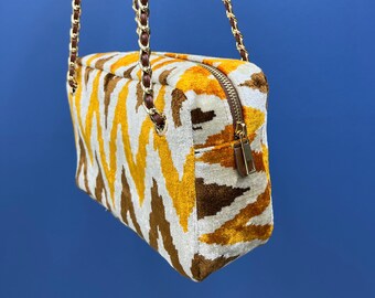 Timeless Handcrafted Silk Velvet Bag | Gold Chain Shoulder Strap | Elegant Boho Evening Purse