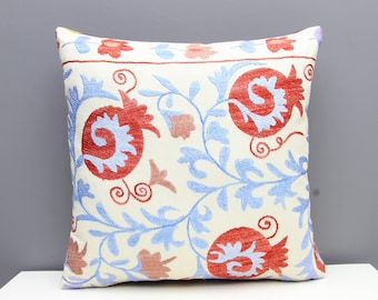 Handcrafted Suzani Pillows Red Blue 16"x16" Eclectic Silk Zippered Cushion Cover Vibrant Central Asian Embroidery for Unique Home Decor