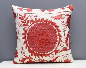 Handcrafted Suzani Pillows Red White 16"x16" Eclectic Silk Zippered Cushion Cover Vibrant Central Asian Embroidery for Unique Home Decor