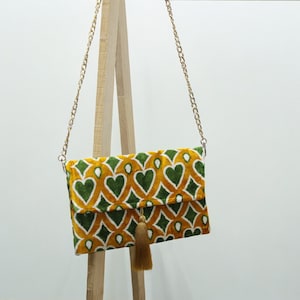 Handmade Silk Velvet Clutch Bag: Green & Gold Heart Design, Evening Bag with Chain