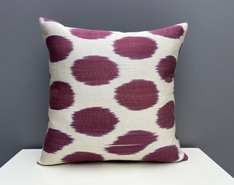 Elegant Silk Ikat Pillow Cover Handwoven in Central Asia Burgundy White (18"x18" 45x45 cm) Old Soft Silk Ikat Cushion Cover
