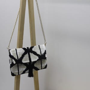 Velvet clutch bag, black and white bag, ikat clutch, silk evening bag, handmade purse, boho chic clutch, luxury clutch, silk ikat purse