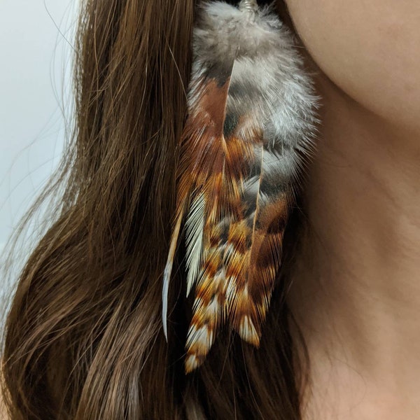 Ginger, Black and White Barred Natural Cruelty Free Feather Earrings