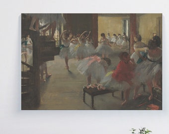 May include: A painting of a ballet class in a studio. The dancers are wearing white tutus and are practicing their moves. The painting is in a muted color palette with shades of brown, white, and gray.