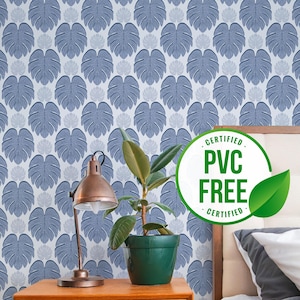 Blaue Monstera von Sara T | Ablösbare Tapete oder ungeklebte Tapete - PVC-Frei | Damast Selbstklebende Tapete
