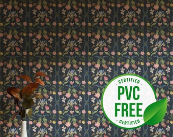 Dark Blue and green floral wallpaper | Removable Peel and Stick wallpaper or Unpasted wallpaper - PVC-Free | Bold Self-adhesive wallpaper