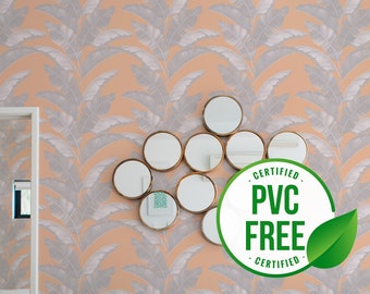 Peach and Gray leaf wallpaper | Removable Peel and Stick wallpaper or Unpasted wallpaper - PVC-Free |  Self-adhesive wallpaper