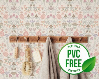 Pink and green floral wallpaper | Removable Peel and Stick wallpaper or Unpasted wallpaper - PVC-Free | Art Deco Self-adhesive wallpaper