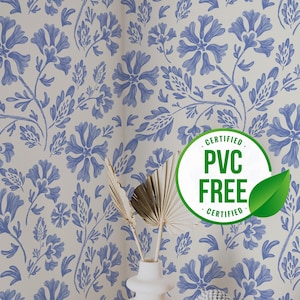 Beige and Blue floral wallpaper | Removable Peel and Stick wallpaper or Unpasted wallpaper - PVC-Free | Self-adhesive wallpaper