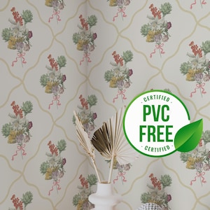Carta da parati vintage beige e verde / Carta da parati floreale rimovibile staccabile e attaccabile o Carta da parati non incollata - Senza PVC / Carta da parati autoadesiva