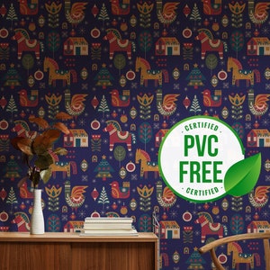 Braune und dunkelblaue Weihnachtstapete | Ablösbare Tapete oder ungeklebte Tapete - PVC-Frei |  Selbstklebende Tapete