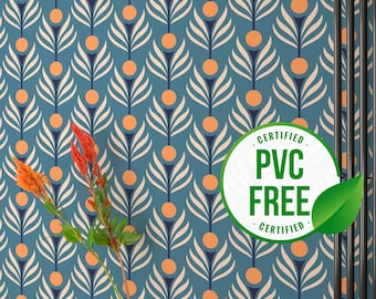 Blue art deco leaf wallpaper | Removable Peel and Stick wallpaper or Unpasted wallpaper - PVC-Free | Bold Self-adhesive wallpaper