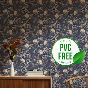 Dunkelblaue und beige Blumentapete | Ablösbare Tapete oder ungeklebte Tapete - PVC-Frei | Selbstklebende Tapete
